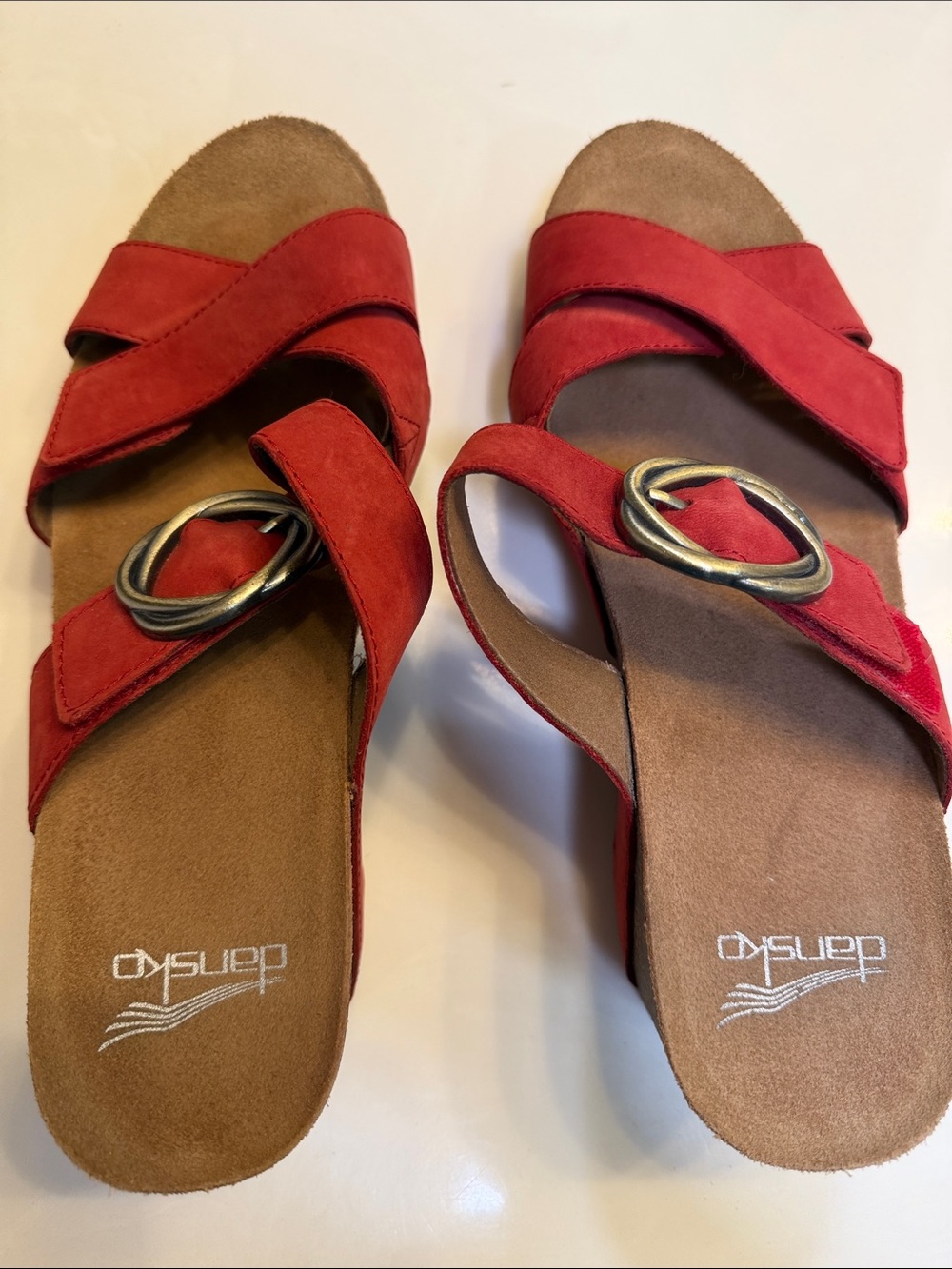 Dansko Red Suede Cross-Strap Slide Sandals with Buckle